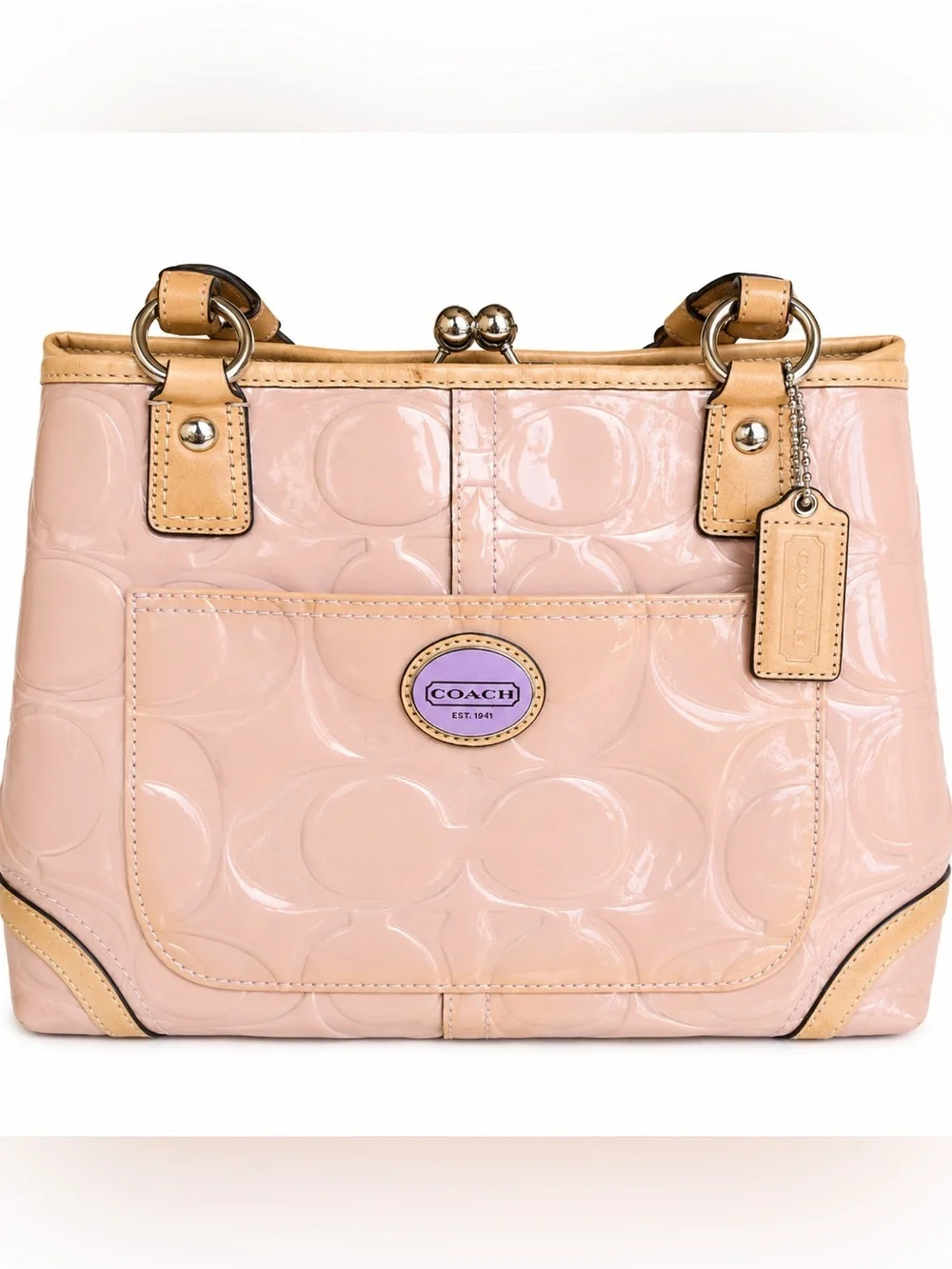 Coach Pink Patent Leather Tote Bag Large Signature Satchel - Picture 5 of 6